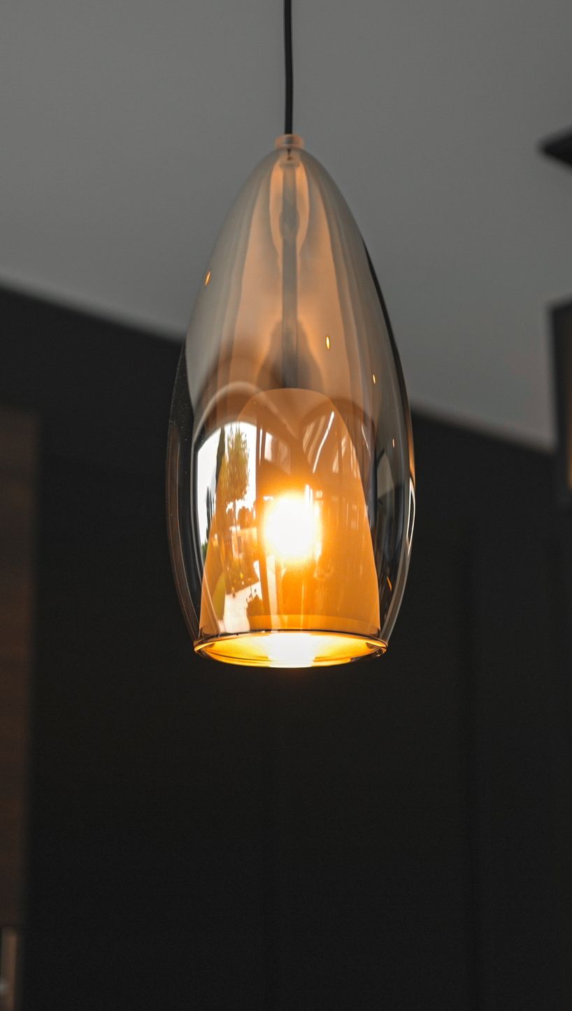 Pendelleuchte aus Rauchglas mit warmem Licht
